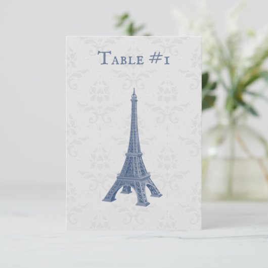 Blue Eiffel Tower Damask Wedding Table Kaart (Staand voorkant)