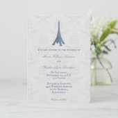 Blue Eiffel Tower Damask Wedding Uitnodiging (Staand voorkant)