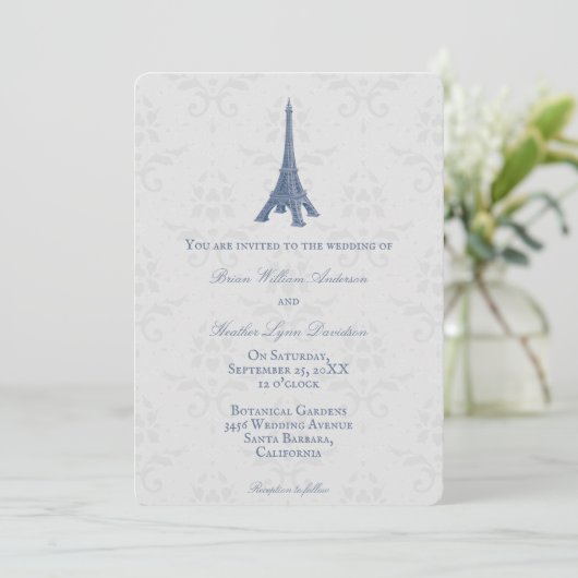Blue Eiffel Tower Damask Wedding Uitnodiging (Staand voorkant)