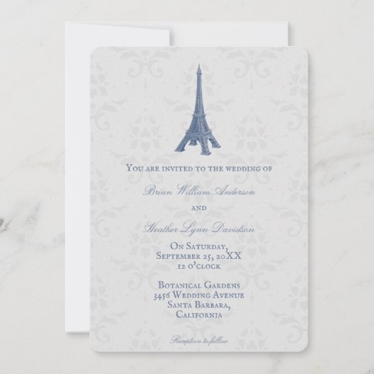 Blue Eiffel Tower Damask Wedding Uitnodiging (Voorkant)