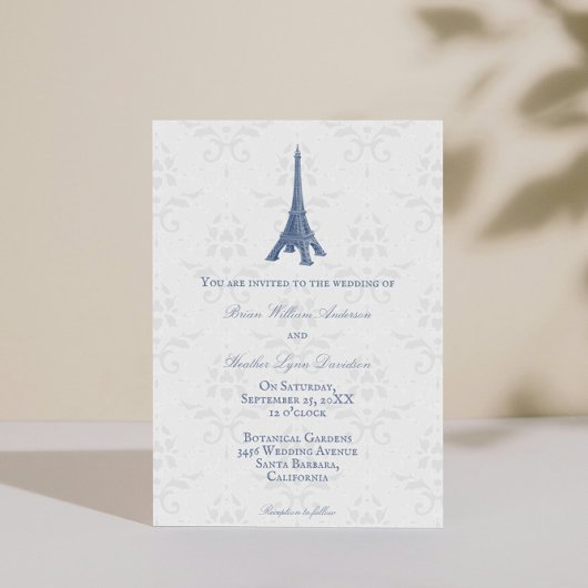 Blue Eiffel Tower Damask Wedding Uitnodiging