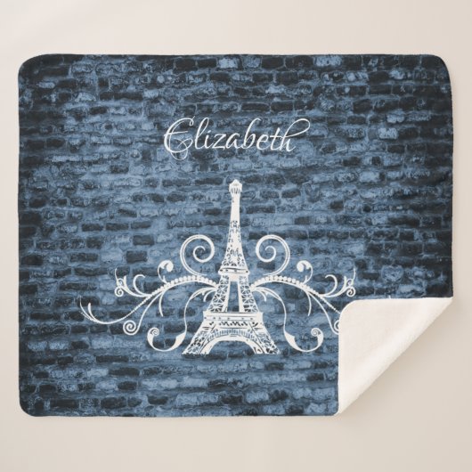 Blue Eiffel Tower Grunge Sherpa Blanket Sherpa Deken (Voorkant (horizontaal))
