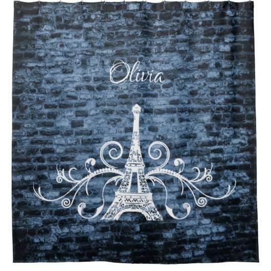Blue Eiffel Tower Grunge Showgordijn Douchegordijn (Voorkant)