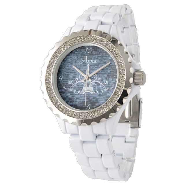 Blue Eiffel Tower Grunge Watch Horloge (Gekanteld)