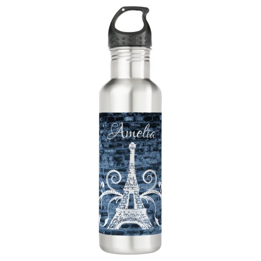 Blue Eiffel Tower Grunge Water Bottle Waterfles (Voorkant)