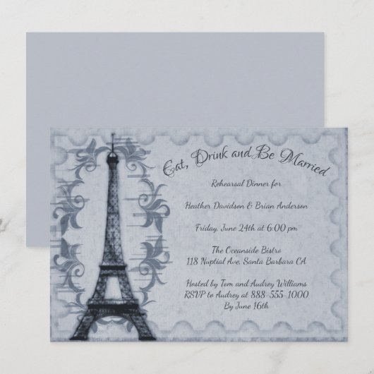 Blue Eiffel Tower Rehearsal Dinner Invitation Kaart (Voorkant / Achterkant)