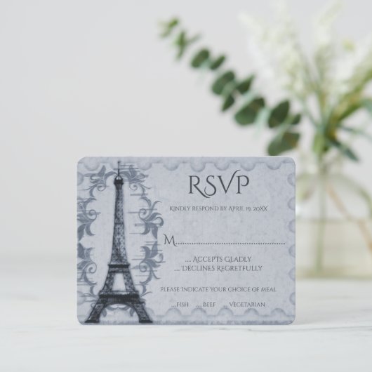 Blue Eiffel Tower Wedding RSVP Kaart (Staand voorkant)