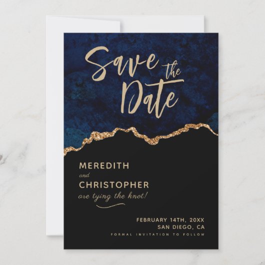Blue Elegance Agate Wedding Save the Date (Voorkant)