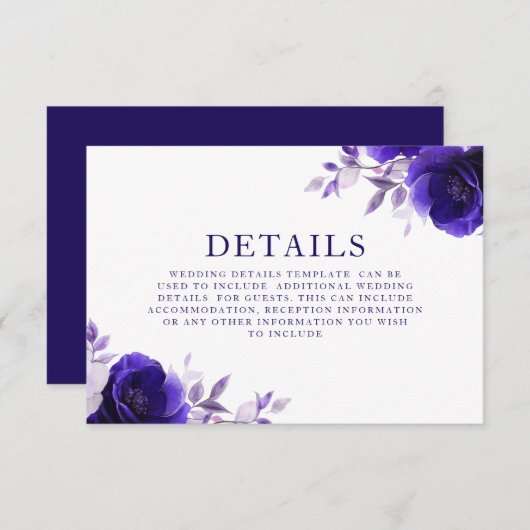 Blue Elegance: Midnight Navy Rozen Wedding Details Informatiekaartje (Voorkant / Achterkant)