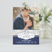 Blue Elegance Photo Save the Date Announounding Kaart (Staand voorkant)