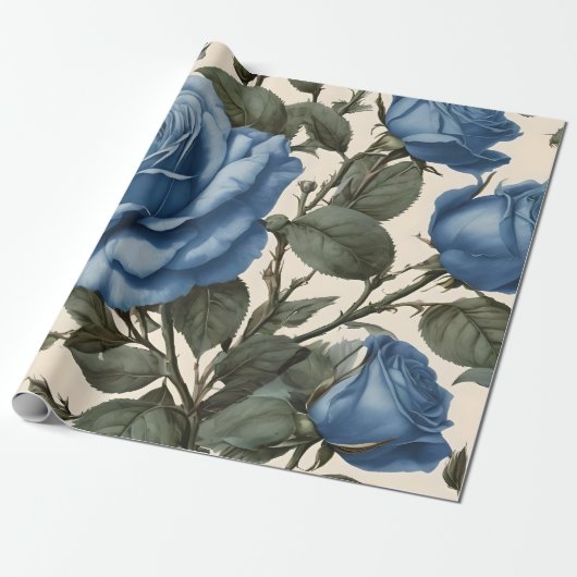Blue Elegance:  provinciale Rozen in bloei Cadeaupapier (Uitgerold)
