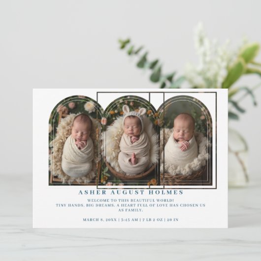 Blue Elegant 3-Photo Collage Arch Newborn Aankondiging (Staand voorkant)