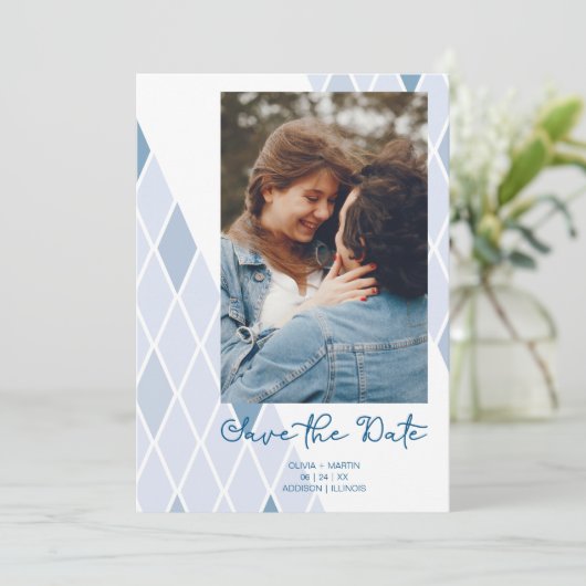 Blue Elegant Abstract Photo Sophisticated Wedding  Save The Date (Staand voorkant)