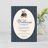 Blue Elegant Babys First Birthday Teddy Bear Invit Kaart (Staand voorkant)