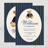 Blue Elegant Babys First Birthday Teddy Bear Invit Kaart (Voorkant / Achterkant)