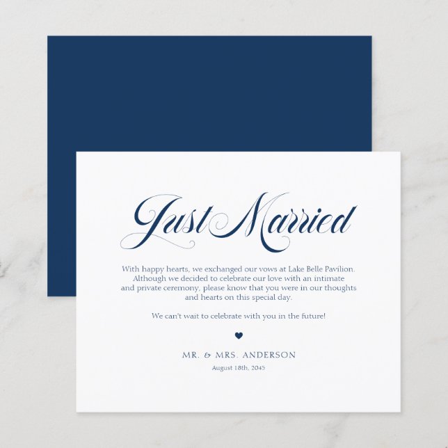 Blue Elegant Bold Calligraphy Just Married Kaart (Voorkant / Achterkant)