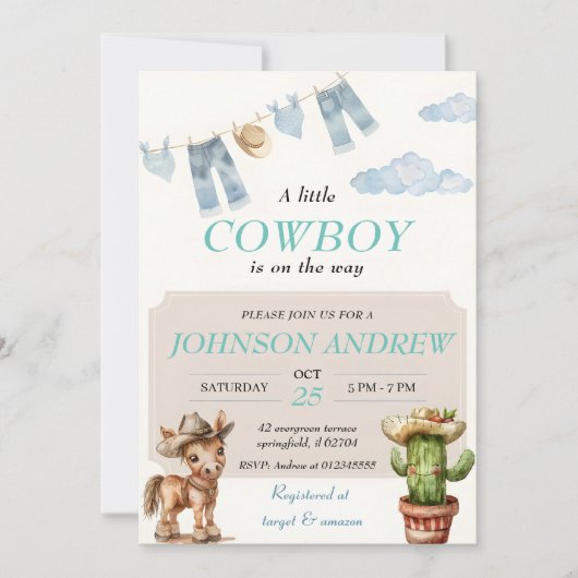 Blue Elegant Cowboy Baby shower Kaart (Voorkant)