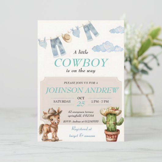 Blue Elegant Cowboy Baby shower Kaart (Staand voorkant)