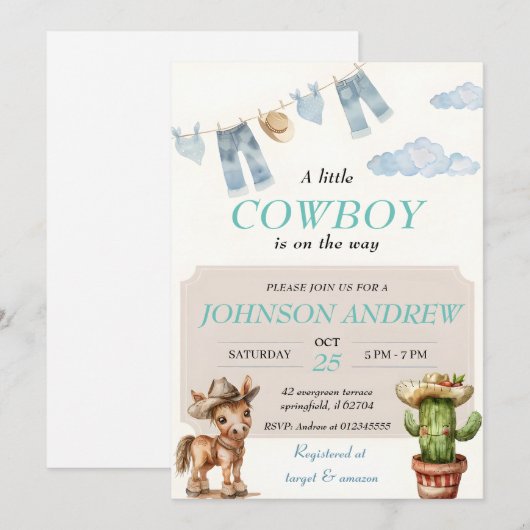 Blue Elegant Cowboy Baby shower Kaart (Voorkant / Achterkant)