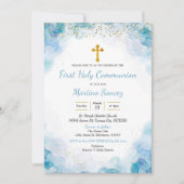 Blue Elegant Cross first communique Invitation Kaart (Voorkant)