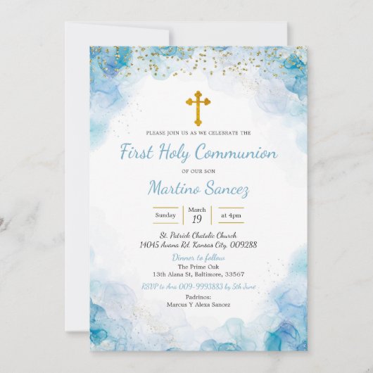 Blue Elegant Cross first communique Invitation Kaart (Voorkant)