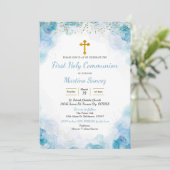 Blue Elegant Cross first communique Invitation Kaart (Staand voorkant)