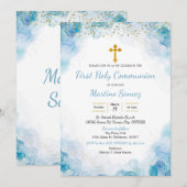 Blue Elegant Cross first communique Invitation Kaart (Voorkant / Achterkant)