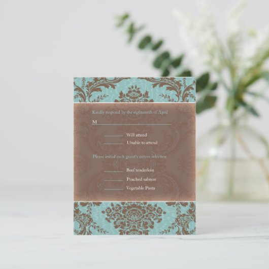 Blue Elegant Damask bruiloft RSVP (Staand voorkant)