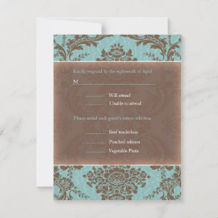 Blue Elegant Damask bruiloft RSVP Kaartje