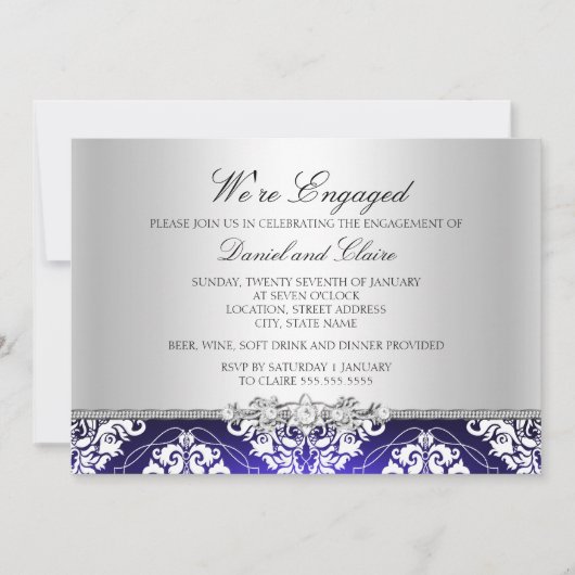 Blue Elegant Damask Engagement Party Kaart (Voorkant)