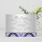Blue Elegant Damask Engagement Party Kaart (Staand voorkant)