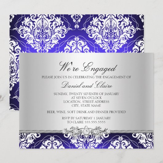 Blue Elegant Damask Engagement Party Kaart (Voorkant / Achterkant)