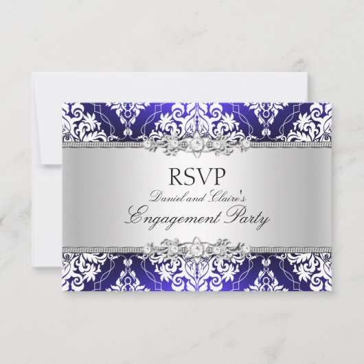 Blue Elegant Damask Engagement Party RSVP Kaart (Voorkant)