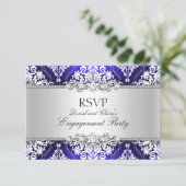 Blue Elegant Damask Engagement Party RSVP Kaart (Staand voorkant)