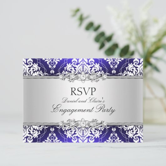 Blue Elegant Damask Engagement Party RSVP Kaart (Staand voorkant)