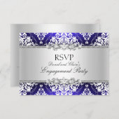 Blue Elegant Damask Engagement Party RSVP Kaart (Voorkant / Achterkant)