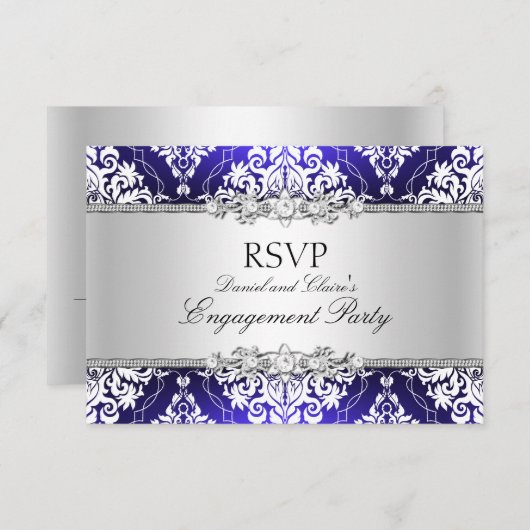 Blue Elegant Damask Engagement Party RSVP Kaart (Voorkant / Achterkant)