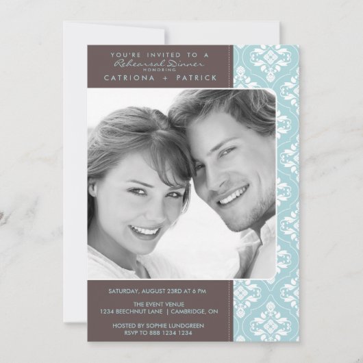 Blue Elegant Damask Photo Rehearsal Dinners Invite Kaart (Voorkant)
