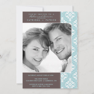 Blue Elegant Damask Photo Rehearsal Dinners Invite Kaart