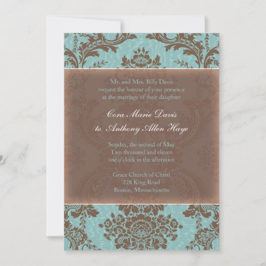 Blue Elegant Damask Wedding Uitnodiging (Voorkant)