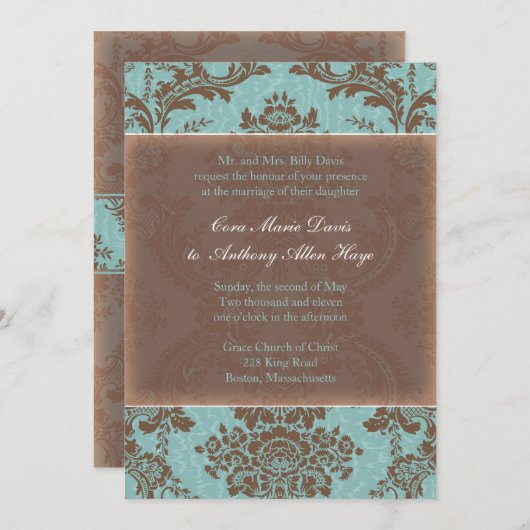 Blue Elegant Damask Wedding Uitnodiging (Voorkant / Achterkant)