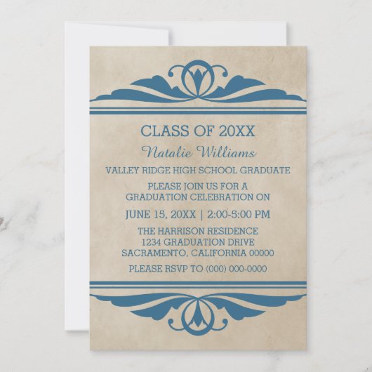 Blue Elegant Deco Afstuderen Invite Kaart (Voorkant)