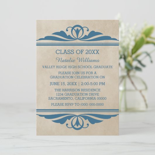 Blue Elegant Deco Afstuderen Invite Kaart (Staand voorkant)