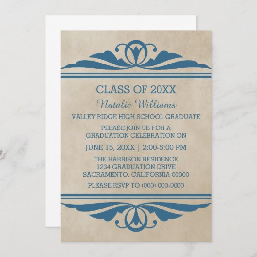 Blue Elegant Deco Afstuderen Invite Kaart (Voorkant / Achterkant)
