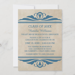 Blue Elegant Deco Afstuderen Invite Kaart