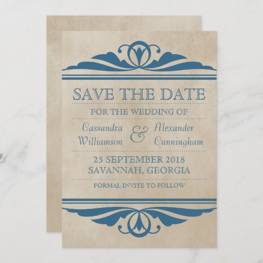 Blue Elegant Deco Save the Date Invite (Voorkant / Achterkant)
