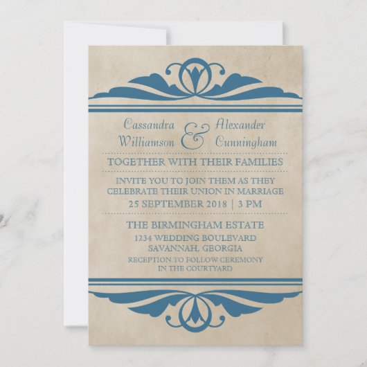 Blue Elegant Deco Wedding Invite Kaart (Voorkant)