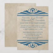 Blue Elegant Deco Wedding Invite Kaart (Voorkant / Achterkant)