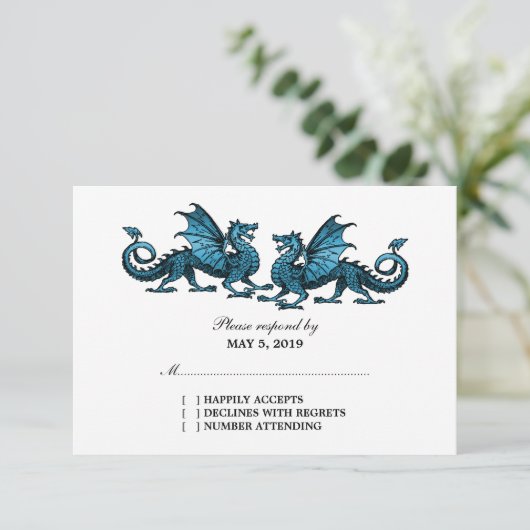 Blue Elegant Dragons Wedding Response Kaart (Staand voorkant)