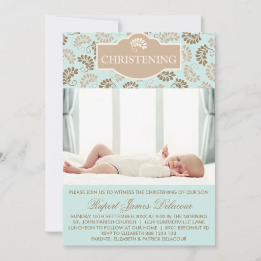 Blue Elegant Floral Christening Foto uitnodiging (Voorkant)